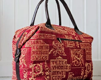 Handmade Ecclesiastical Tapestry and Leather carpet bag or sports/ overnight bag.