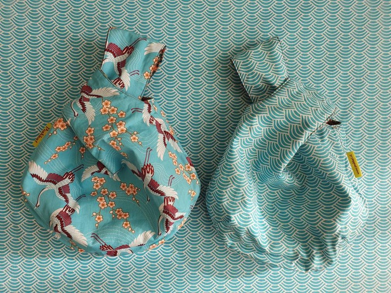 Handmade Japanese Knot Bag, reversible. Cotton lining with Japanese crane pattern. Free shipping in NL. image 9