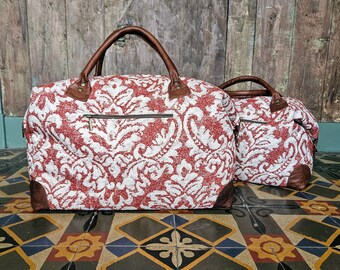 The Passepartout III. Handmade terracotta velvet damask, repurposed leather & cotton toile lined carpet bag, Overnight or sports bag, size L