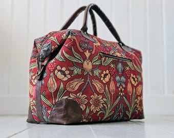 Strawberry Thief Tapestry Overnight Bag, Upcycled Leather Travel Bag