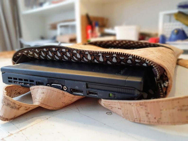 waterproof Handmade Cork Laptop Rucksack Backpack Cork fabric suitable for Vegans Fun Penguin patterned lining