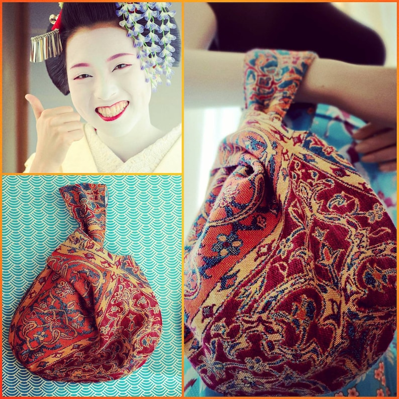 Handmade Japanese Knot Bag, reversible. Cotton lining with Japanese crane pattern. Free shipping in NL. image 1