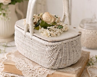 Vintage White Wicker Basket Blue Gingam Liner Square 11 Inch - Etsy