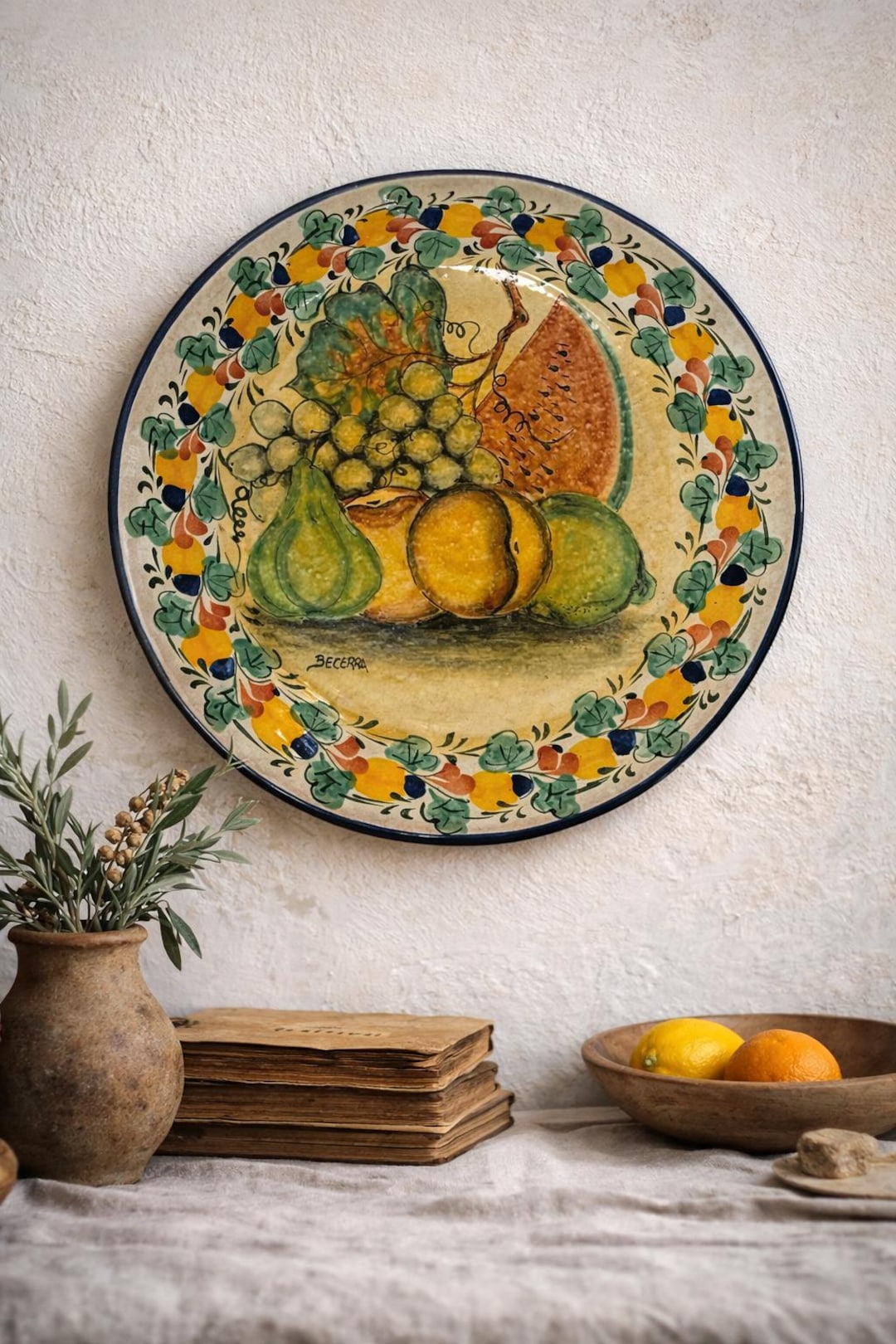 * vintage wall plate ❀ * スマートな テリア プレート Large Vintage Hand-painted Ceramic Wall Plate – Signed Becerra