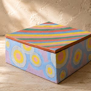 Vintage Hand Painted Terracotta Box with Lid, Folk Art Storage Box, Colorful Boho Decorative Box, Handmade Clay Keepsake Box, Eclectic Home