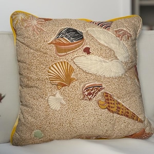 Vintage Quilted Seashell Pillow – Coastal Beach Decor Cushion – 16” Square Throw Pillow – Nautical Cottagecore Home Decor – Yellow Trim