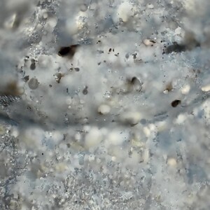 May include: Close-up of a textured, abstract surface with a mix of light blue, white, and gray tones. The surface has a rough, uneven appearance with small, dark spots and a bubbly texture, creating a unique visual effect.
