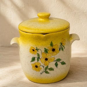 May include: A ceramic jar with a lid and two side handles, featuring a speckled cream finish with a yellow gradient at the top and bottom. The front is decorated with a hand-painted cluster of yellow flowers with green leaves and dark centers.