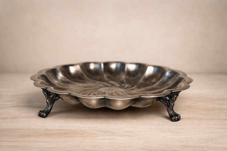 Edwardian Silver Plate Shell Dish on Feet | Antique Rogers Bros Catchall Trinket Tray | 8.5” Patina Decor
