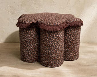 Vintage Flower Footstool Handmade Upholstered Small Ottoman, Brown Floral Cottagecore, Fringe Scallop Flower Shaped Country Farmhouse Decor