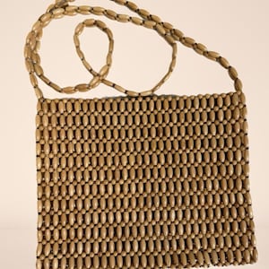 Vintage 1970s Wooden Bead Crossbody Bag | Boho Neutral Resort Purse | Minimalist Coastal Summer Handbag
