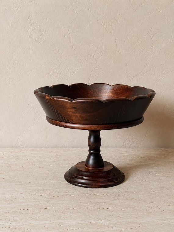 Vintage Wood Pedestal Bowl Scalloped Edge Wooden Compote Footed Fruit Bowl Dark Wood Mid Century Centerpiece Table Decor