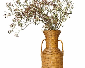 Vintage Handwoven Wicker Amphora Vase • Tall Rustic Basket Vessel • Organic European Farmhouse Decor • Demijohn Basket Decor 27”
