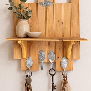 Rustic Reclaimed Wood Shelf | Hanging Rack Wood Shelf Bent Sliver Spoon Hooks | Farmhouse Entryway Organizer | Cottage Kitchen Wall Rack