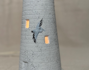 Handmade Ceramic Lighthouse Lamp with Bird Design | Coastal Home Decor Night Light | Unique Pottery Lighted Tower Accent