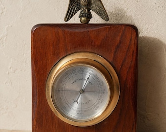 Vintage Wood Wall Plaque, Brass Tone Thermometer, American Decor, Federal Eagle Wall Hanging, Made in USA Springfield weather instrument