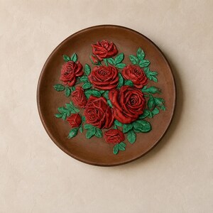 May include: A round brown decorative plate featuring a raised, three-dimensional relief of vibrant red roses and green leaves centered on the surface. The floral arrangement consists of multiple blooming roses and buds with detailed foliage.