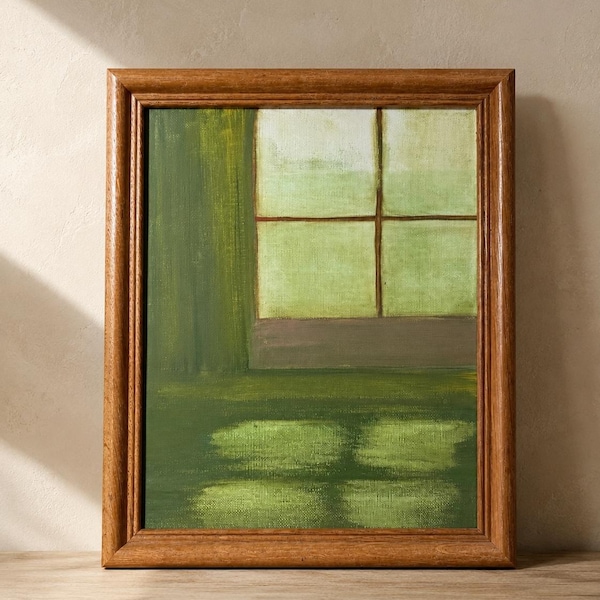 Original Framed Acrylic Painting, Window Scene Art, Signed Canvas Painting, Vintage Oak Wood Frame, Moody Green Wall Decor
