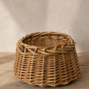 May include: A round, low-profile woven basket crafted from natural light brown willow branches. The basket features a sturdy, thick braided rim and a tapered body with a visible vertical and horizontal weave pattern, creating a textured appearance.
