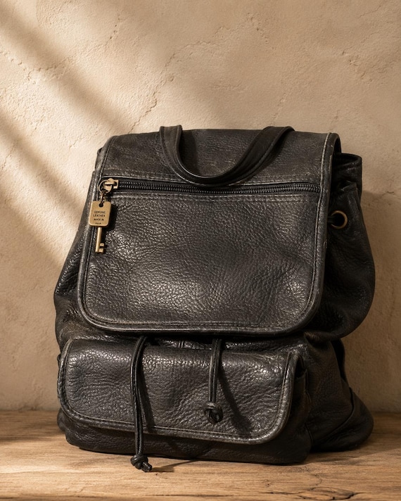 Vintage Fossil Leather Backpack Black Pebbled Leather Backpack Purse Brass Hardware 90s Y2K Bag