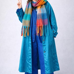 Vintage Teal Nylon Hooded Raincoat | Size 14 | Oversized Lightweight Coat | Removable Hood Bright Eclectic