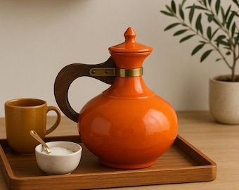 Vintage Red Wing Rumrill Orange Carafe #565: MCM Ceramic Pitcher with Wooden Handle