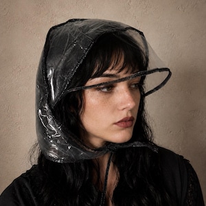 Vintage Rain Bonnet in Original Package – Clear Vinyl Hood with Black Mesh Trim – Retro Hair Protector Travel Rain Hat NOS Extra Full Size