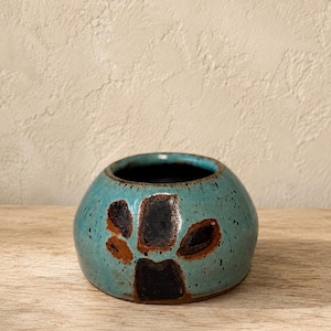 Studio Pottery Tealight Candle Holder, Handmade Ceramic Votive, Signed Turquoise Speckled Stoneware Ring Dish Bowl, Artisan Pottery Decor
