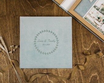 Set of 5 Sea Green Velvet Photo Boxes: Oak Wood Wedding Print Box