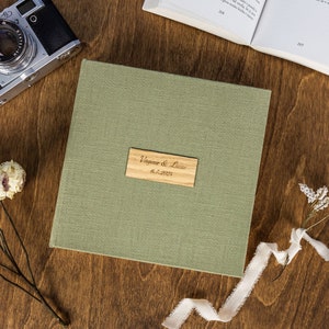 Olive linen wooden photo box / Linen photo box / Wedding photo box / Photo usb box / Oak