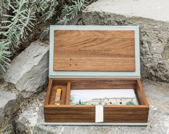 Light green wooden photo box with golden crystal usb flash drive/ Linen Photo Box / Engraved wedding photo box