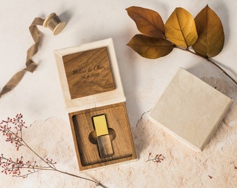 Boîte usb en bois crème velours / Boîte usb de mariage / Boîte usb photo /