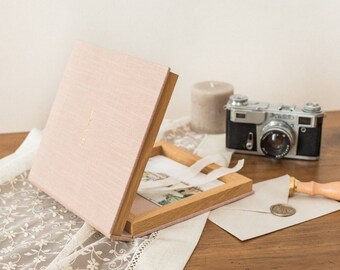 Old Pink Linen Photo Box: Handmade Oak Wedding Keepsake