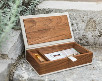Engraved Walnut Wood & Linen Photo Box with Golden Crystal USB
