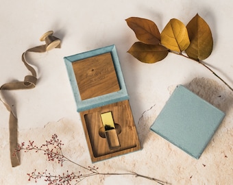 Velvet Sea Green Wedding USB Box: Walnut Wood Photo Storage