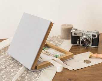 Lavender Linen Oak Photo Box: Wedding Keepsake, USB Holder