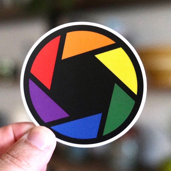 Pride Photography Sticker. Rainbow shutter image. Circle sticker. Gifts for photographers and fans of photography. LGTBG+