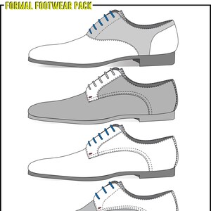 May include: Five different styles of formal footwear, each with a white and grey colour scheme. The shoes have lace-up closures and are shown in a line from top to bottom.