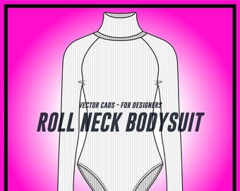 womens Roll Neck Bodysuit, vector flat sketch for Adobe Illustrator, womens ribbed top, drawing template