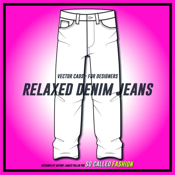 vector relaxed denim jeans, flat sketch, for Adobe Illustrator, baggy pants, oversized denim jeans template