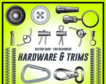 hardware Drawings for clothing, buttons, press snaps, cord locks, zips , zip pullers, D-rings and clips used with adobe illustrator SVG