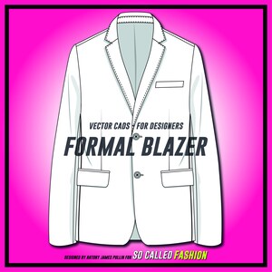 Op de afbeelding: Een wit formeel blazer met een enkele knoopsluiting en twee zakken. De tekst "VECTOR CADS FOR DESIGNERS FORMAL BLAZER DESIGNED BY ANTONY JAMES PULLIN FOR SO CALLED FASHION" is op de blazer gedrukt.