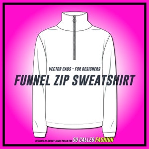 Może przedstawiać: Biała bluza z kapturem i zamkiem błyskawicznym, z długimi rękawami. Na przodzie bluzy nadrukowany jest tekst "VECTOR CADS - FOR DESIGNERS" i "FUNNEL ZIP SWEATSHIRT". Na dole bluzy nadrukowany jest tekst "DESIGNED BY ANTONY JAMES PULLIN FOR SO CALLED FASHION".