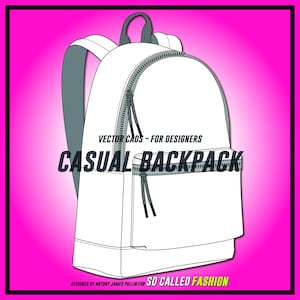 Puede incluir: Un diseño de mochila casual blanca con un bolsillo frontal y cierre de cremallera. La mochila tiene correas grises y un asa. El texto en la imagen dice "VECTOR CADS - FOR DESIGNERS" y "CASUAL BACKPACK". El diseño está sobre un fondo rosa brillante.