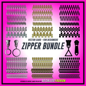 Zipper svg bundle, X10 different zips in 3 sizes & colours plus X10 zip pullers in 3 colours, for use with adobe illustrator ai png pdf jpg