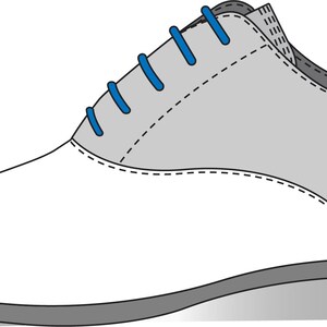 May include: White leather oxford shoes with a grey suede panel and blue laces.