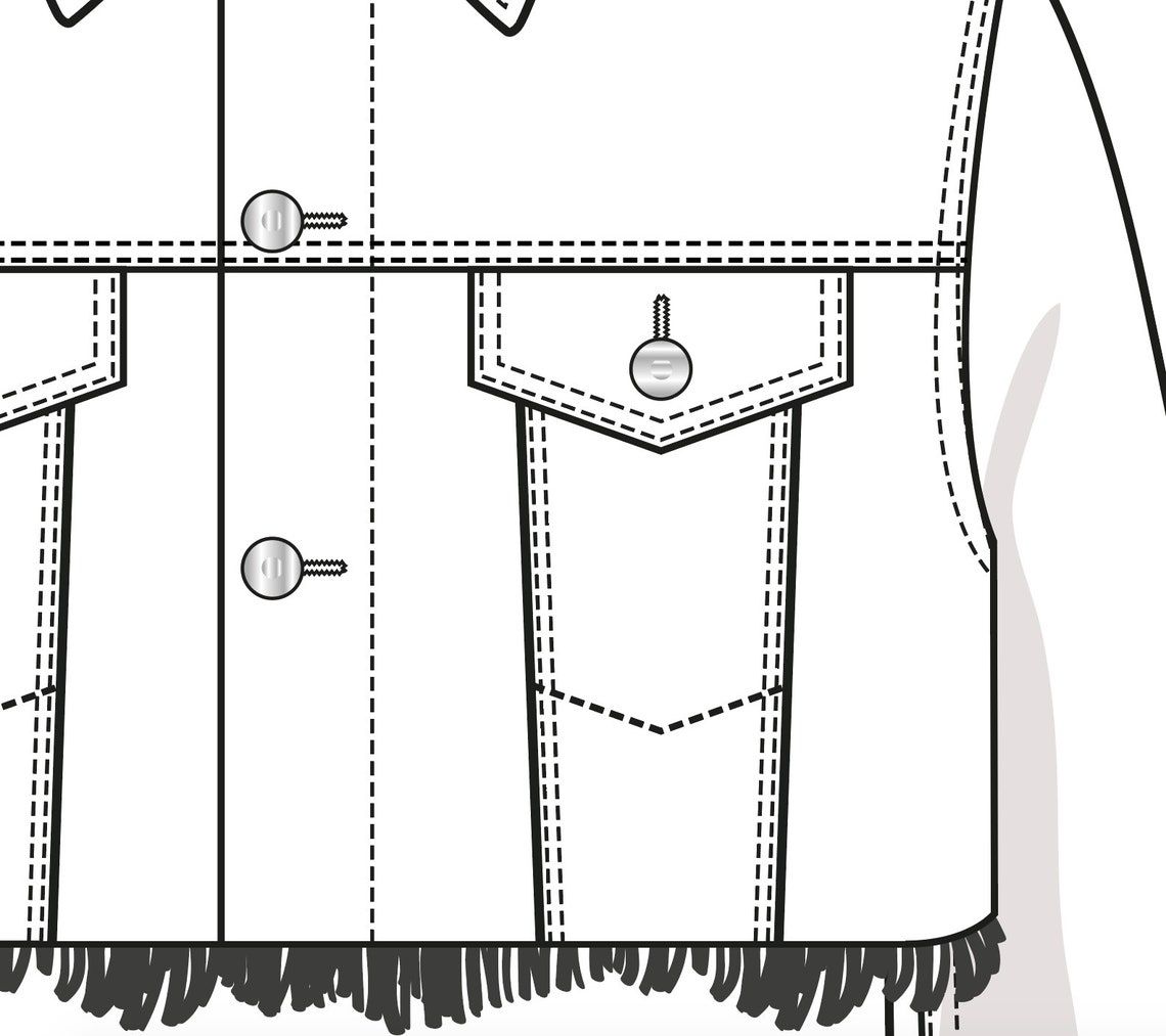 Vector Cropped Denim Jacket, Flat Sketch, for Adobe Illustrator Western