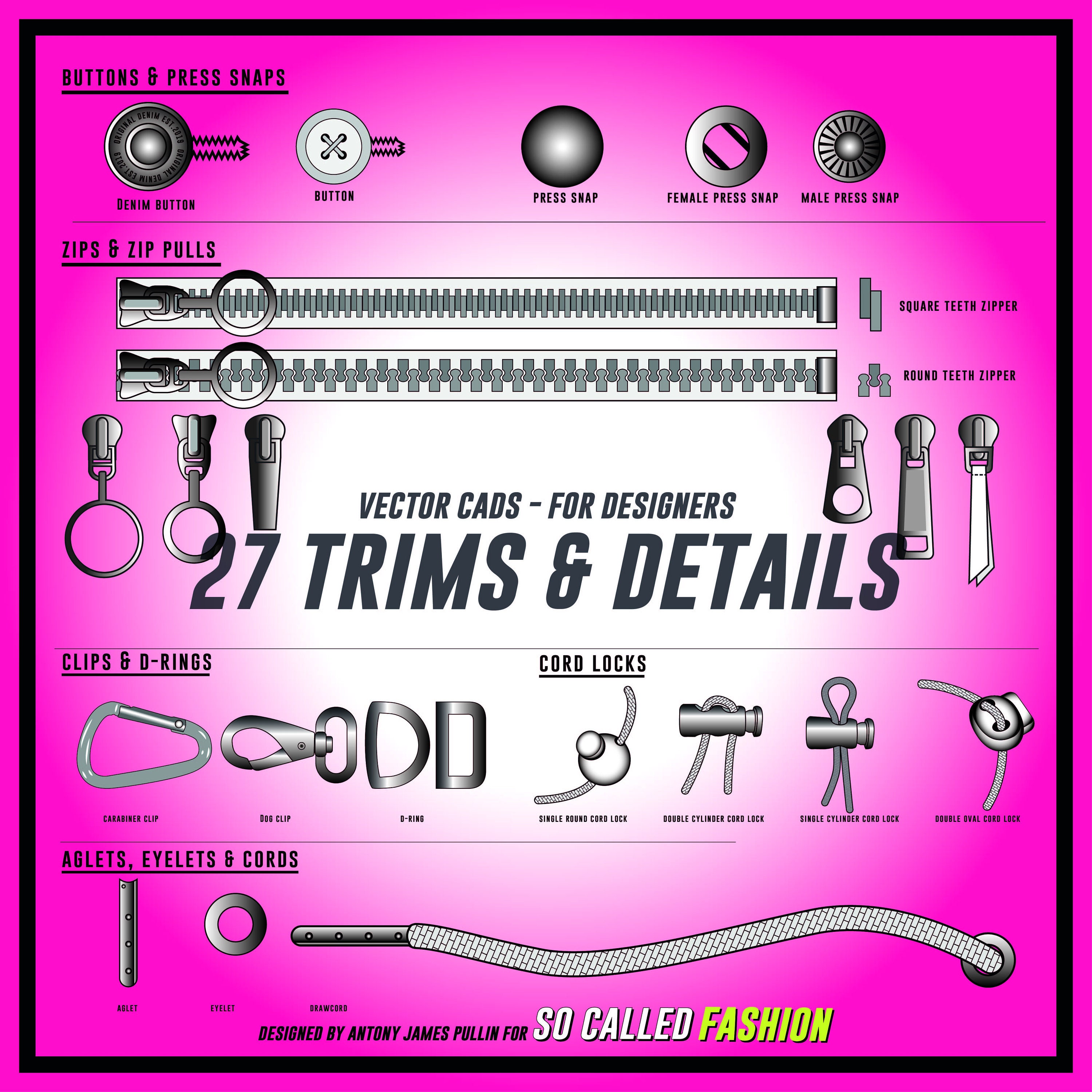 Vector Based Trims and Detail Pack, SVG, Buttons, Press Snaps, Cord