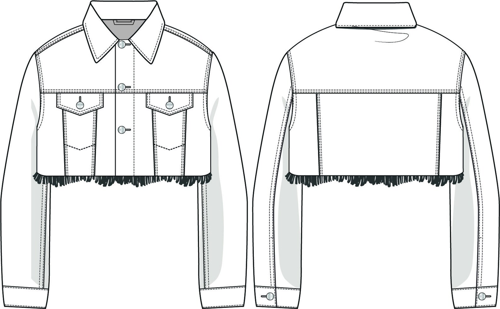 Vector Cropped Denim Jacket, Flat Sketch, for Adobe Illustrator Western