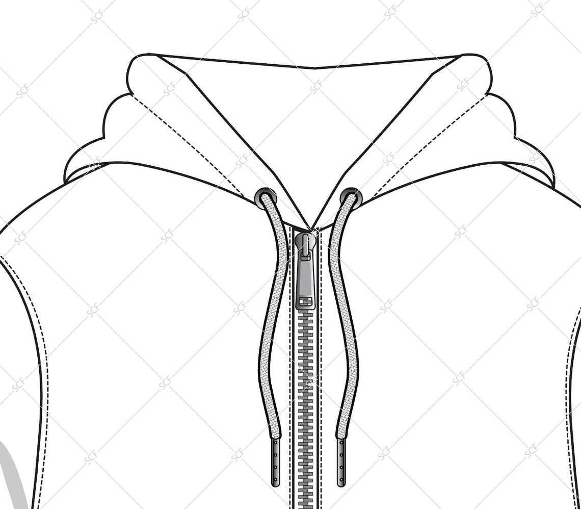Zip Through Hoodie SVG Vector CAD Unisex Hoodie, Technical Drawing
